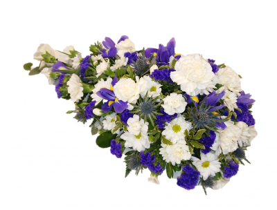 Single ended teardrop spray (Blue & White) | Buttercups & Daisies Florist Birmingham - Teardrop oasis spray in blue and white, delivered by Buttercups &