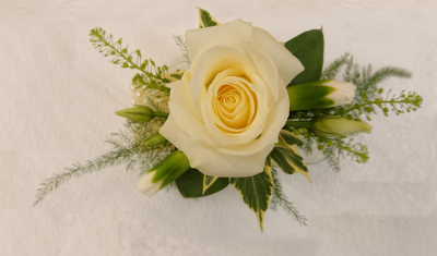 White Rose Wrist Corsage | Buttercups & Daisies Florist Birmingham - White Rose Wrist Corsage, handcrafted wedding flowers in Birmingham.