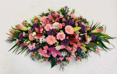 Double Ended funeral spray | Buttercups & Daisies Florist Birmingham - Funeral coffin spray double ended cottage garden pink flowers
