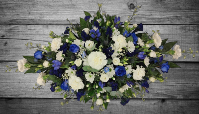 Blue and White coffin spray | Buttercups & Daisies Florist Birmingham - Blue and white spray created by buttercups and daisies florist