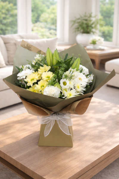 Lemon Cream Delight Hand-Tied Bouquet | Buttercups & Daisies Florist Birmingham - Lemon Cream Delight, funeral tribute from our Birmingham florist.