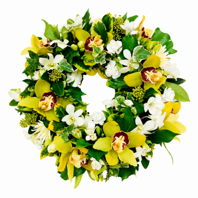 Yellow Orchid & White Flower Wreath | Buttercups & Daisies Florist Birmingham - Yellow orchid and white funeral wreath from a Birmingham florist.