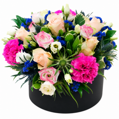 Bright Pink & Blue Hatbox | Buttercups & Daisies Florist Birmingham - Bright pink and blue flower hatbox arrangement in Birmingham.