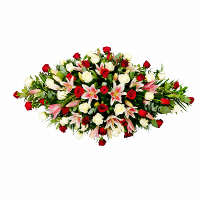 Red, Ivory & Pink Lily Casket Spray | Buttercups & Daisies Florist Birmingham - Red ivory and pink lily casket spray from a Birmingham florist.