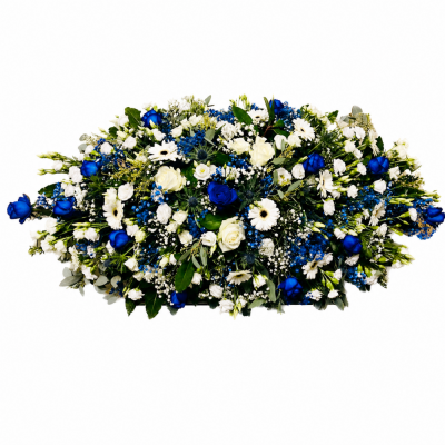 Blue & White Casket Spray | Buttercups & Daisies Florist Birmingham - Blue and white casket spray handmade by our Birmingham florist.