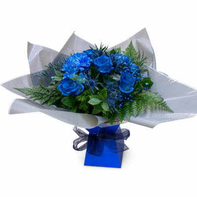 Royal Blue Rose Presentation Bouquet | Buttercups & Daisies Florist Birmingham - Royal blue rose presentation bouquet made in Birmingham.