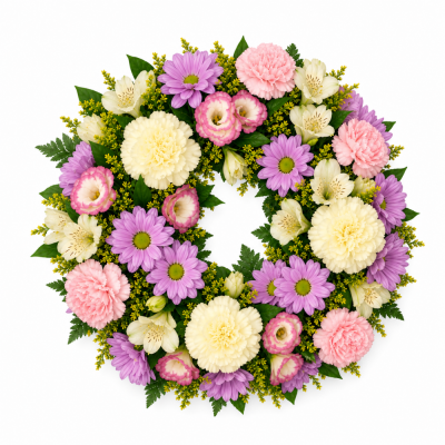 Pastel Pink & Lilac Funeral Wreath | Buttercups & Daisies Florist Birmingham - Pastel pink and lilac funeral wreath handmade in Birmingham.
